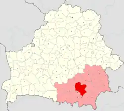 Kalinkavický rajón (červeně) na mapě Homelské oblasti