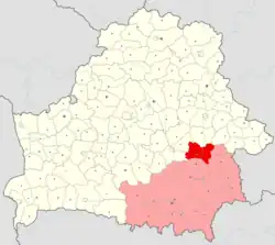 Rahačoŭský rajón (červeně) na mapě Homelské oblasti