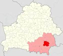 Rečycký rajón (červeně) na mapě Homelské oblasti
