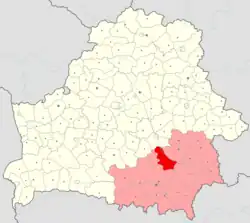 Svetlahorský rajón (červeně) na mapě Homelské oblasti