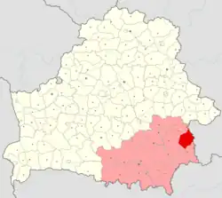 Vetkaŭský rajón (červeně) na mapě Homelské oblasti