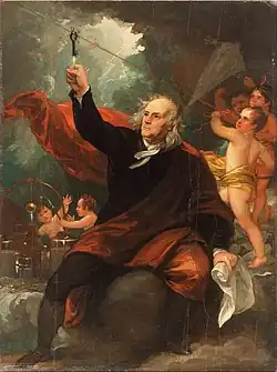 Benjamin Franklin stahující elektrickou energii z nebe (Benjamin Franklin Drawing Electricity from the Sky), olej na břidlici, rozměry výška: 340,11 mm; Šířka: 256,29 mm