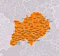 Rozsah okresu Beroun s vyznačenými názvy a hranicemi obcí