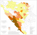 Podíl katolíků v Bosně a Hercegovině podle obcí v roce 2013