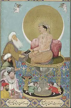 Mughalský vládce Jahangir zobrazený s nezvykle velkou aureolou.