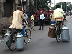 Konve na mléko vezená na jízdním kole, Kalkata, 2007