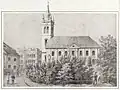 Pohled na bílský evangelický kostel od jihu kol. r. 1860