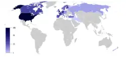 Mapa zemí podle počtu politiků, kteří byli pozváni na jednu a více konferencí Bilderberg