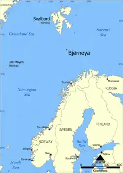 Mapa Špicberků spolu s Medvědím ostrovem na jihu