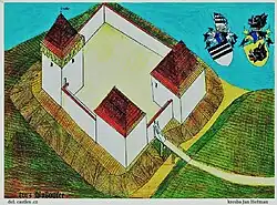 Axonometrická projekce předpokládané podoby tvrze a jejího okolí během druhé poloviny 15. století (kresba: Jan Heřman)