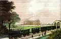 Stavba železnice jako výraz průmyslové revoluce (zde trať Bonn-Kolín kolem roku 1844)