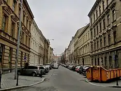 Ulice Jaselská, vpravo se nacházela zástavba Augustiniánské Ulice
