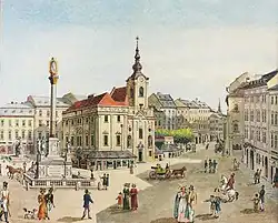 Svatomikulášský kostel na obrazu Franze Richtera z roku 1829 s přistavěnou budovou městské váhy