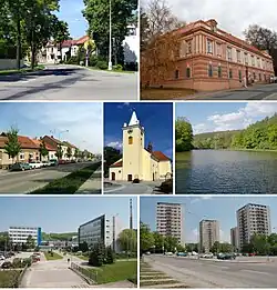 Městská část Brno-Řečkovice a Mokrá Hora • Vlevo 1: Gromešova ulice • Vlevo 2: Ulice Terezy Novákové • Vlevo 3: Průmyslový areál Lachema • Uprostřed: Kostel svatého Vavřince v Řečkovicích • Vpravo 1: Zámek na Palackého náměstí • Vpravo 2: Rybník u mlýna • Vpravo 3: Skupina panelových domů