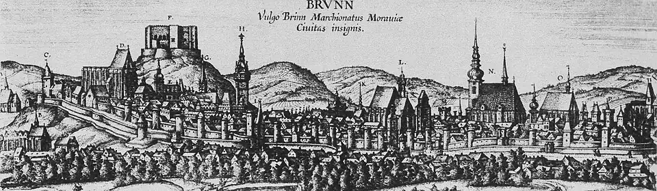 Rytina zobrazující Brno s městským opevněním v roce 1617