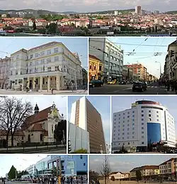 Městská část Brno-Královo Pole • Nahoře: Panorama • Vlevo 1: Úřad MČ Brno-Královo Pole • Vlevo 2: Kostel Nejsvětější Trojice • Vlevo 3: Technické muzeum • Uprostřed: Hlavní budova Fakulty strojního inženýrství VUT • Vpravo 1: Palackého třída • Vpravo 2: Hotel Bobycentrum • Vpravo 3: Slovanské náměstí