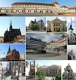 Městská část Brno-střed • Nahoře: Hrad a pevnost Špilberk • Vlevo 1: Katedrála svatého Petra a Pavla • Vlevo 2: Červený kostel • Vlevo 3: Ulice s kostelem Nalezení svatého Kříže na Kapucínském náměstí • Uprostřed 1 (vlevo): Bazilika Nanebevzetí Panny Marie • Uprostřed 1 (vpravo): Mahenovo divadlo, jedna z budov Národního divadla Brno • Uprostřed 2: Náměstí Svobody • Uprostřed 3 (vlevo): Obelisk v Denisových sadech oslavující vítězství nad Napoleonem • Uprostřed 3 (vpravo): Moravská zemská sněmovna, sídlo Ústavního soudu • Vpravo 1: Kostel svatého Jakuba • Vpravo 2: Brněnský drak a kolo • Vpravo 3: Kašna Parnas na Zelném trhu