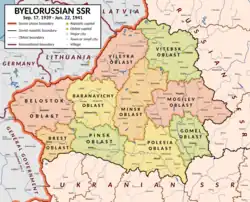 Mapa Běloruské SSR s polohou Minské a Poleské oblasti.