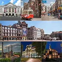 Koláž: Slezská opera, historická tramvajová linka 38, Nádražní ulice, Hlavní náměstí, Teplárna Szombierki, Gymnázium Boleslava Chrabrého a kostel svaté Markéty