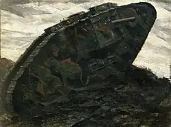 Barevný obraz v tmavých tónech představuje boční pohled na britský tank Mark I – první bojově nasazený tank v historii. Kamuflovaný stroj jede do kopce, prodírá se bahnitým a členitým terénem a vyplňuje celý prostor obrazu. Diagonální poloha stroje zvyšuje dynamiku a dramatičnost kompozice.