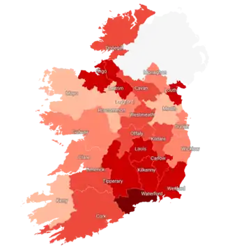 Počet potvrzených případů na 100 000 obyvatel podle hrabstvích, k 23. června 2021:      ≥195      90-195      72-90      63-72      <63