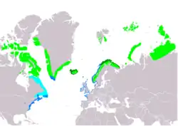 Rozšíření jespáka mořského (světle zeleně – hnízdiště, tmavě zeleně – celoroční výskyt, světle modře – migrace, modře – zimoviště)