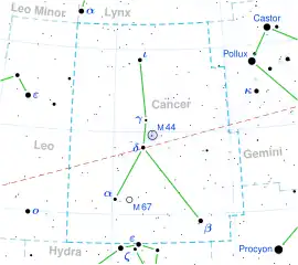 Poloha hvězdy delta Cancri