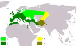 Mapka s rozšířením: C. c. carduelis – 1 hnízdiště, 2 oblasti s celoročním výskytem c. c. caniceps– 3 hnízdiště, 4 oblasti s celoročním výskytem