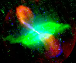 Galaxie Centaurus A na snímku v nepravých barvách: rádiové vlny (červená), infračervené záření 24 μm (zelená) a rentgenové záření 0.5–5 keV (modrá).