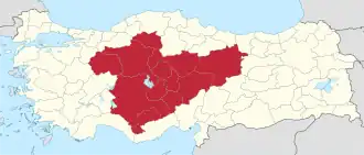 Střední Anatolie na mapě Turecka