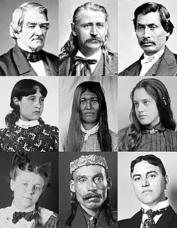 odshora, zleva: John Ross; Colonel Elias Cornelius Boudinot; Samuel Smith; Lilly Smith; Walini; Marcia Pascal; Lillian Gross; William Penn Adair; Thomas M. Cook