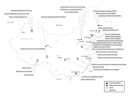 Mapa míst v systému laogai, o nichž se hovoří v knize Jatka, která jsou zapojena do odebírání orgánů živým vězňům svědomí.