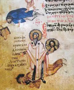 Jan Grammatikus svržen argumenty patriarcha Nicefora. Niceforos držíce obraz Krista šlape po Janovi, kolem kterého jsou rozsypané mince. V horní části obrazu fragment apoštola Petra šlapajícího po Simonu Magusovi (miniatura z Chludovského žaltáře z pol. 9. stol.)