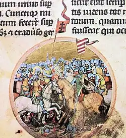 Miniatura z Vídeňské obrázkové kroniky (14. století), která znázorňuje bitvu