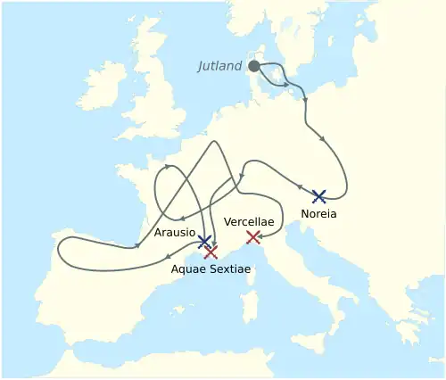 Migrace Kimbrů a Teutonů, modře jejich vítězství, červeně porážky