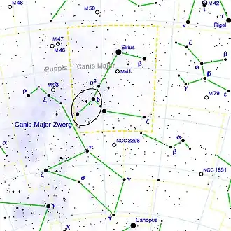 Pozice galaxie (nebo spíše hvězdného shluku) v souhvězdí Velkého psa