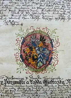 Erb brandýských měšťanů Davida staršího Houžvičky a Matouše Šiblína ze Světice 1604.