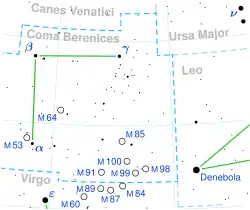 Poloha NGC 4889 (v kroužku) v souhvězdí Vlasů Bereniky