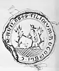 Pečeť comese Bogomela s nápisem FILORUM BOGOMELI COMITIS B(odonis) N(icolai) J(ohanis) L(aurentii) D(ionisii) B(ogomeli)