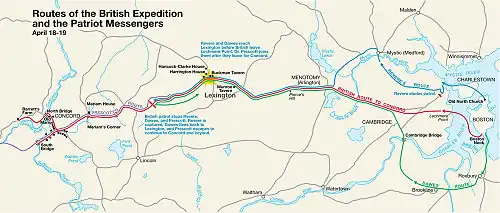 Mapa ukazující postup prvních vlasteneckých poslů a cestu britské expedice