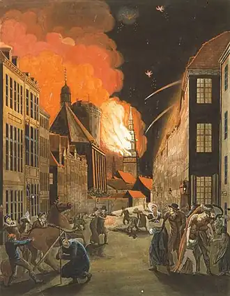 Hořící Kodaň po britském útoku podle dánského malíře Christoffera W. Eckersberga, 1. polovina 19. století