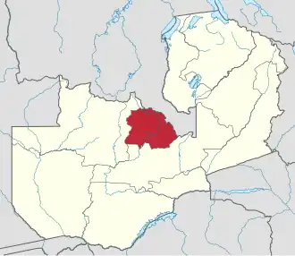 Poloha provincie Copperbelt, ve které žije nejvíce mluvčích bembštiny, v rámci Zambie