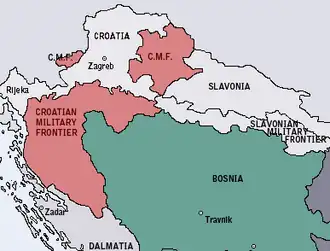Mapa Chorvatské vojenské hranice (červeně), uzemí z roku 1868.