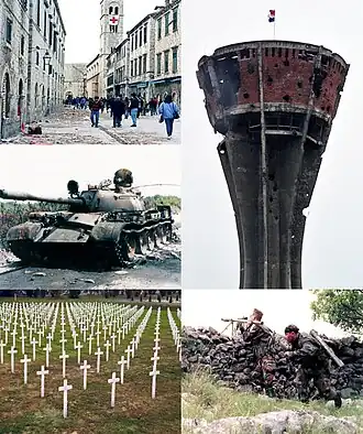 Ve směru hodinových ručiček zleva nahoře: hlavní ulice Dubrovníku, Stradun, během obléhání Dubrovníku; poškozená vukovarská vodárenská věž, symbol raného konfliktu; vojáci chorvatské armády připravující se zničit srbský tank; pamětní hřbitov ve Vukovaru; srbský tank T-55 zničený na silnici na Drniš