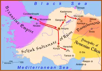Mapa západní Anatolie s vyznačením přesunů křižáckých vojsk