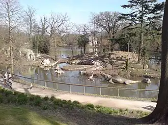 Pohled na ostrov s modely druhohorních plazů