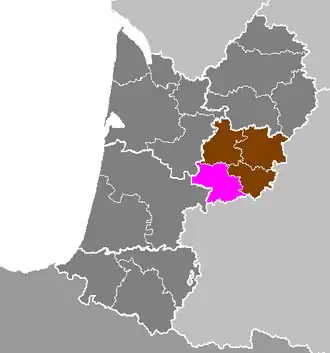 Arrondissement Nérac na mapě regionu Akvitánie a departementu Lot-et-Garonne