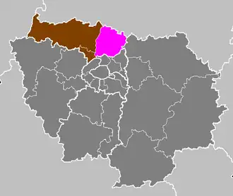 Arrondissement Sarcelles na mapě regionu Île-de-France (fialově)