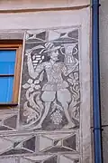 Dlouhá 95, sgrafitová výzdoba, vinař