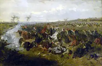 Střet rakouského jezdectva s pruskou pěchotou u Svinišťan (malba A. von Bensa)
